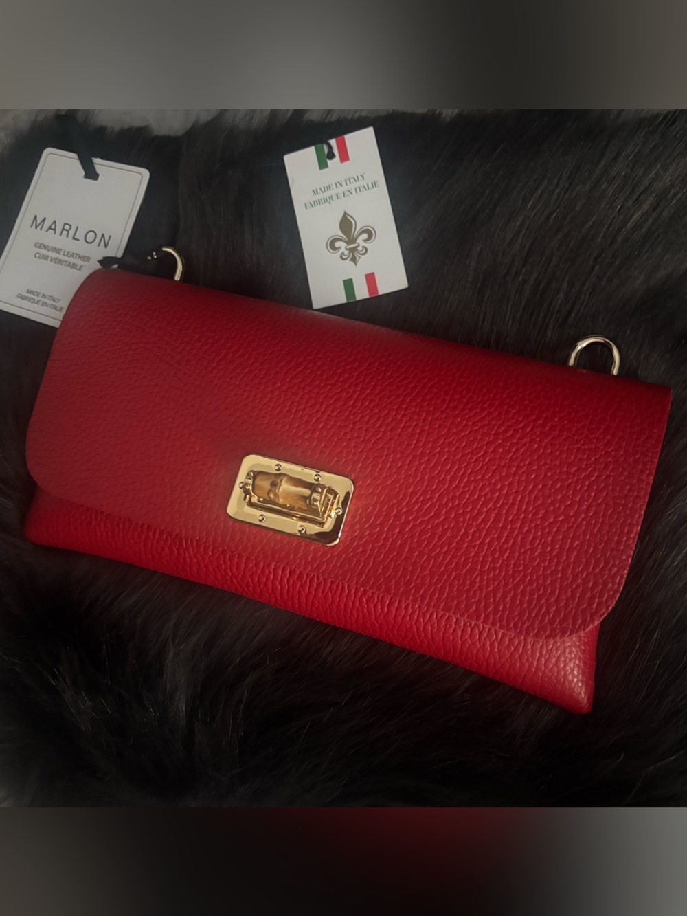 Made in Italy Red Leather Clutch with Gold bamboo Hardware